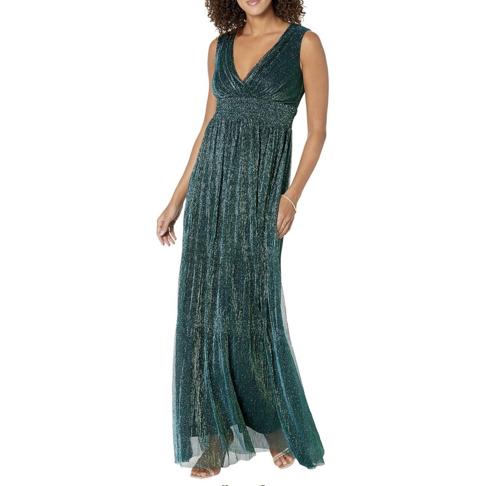 Betsy &‎ Adam Sparkle Evening Gown Size 10 Teal Green Sleeveless V-Neck Maxi